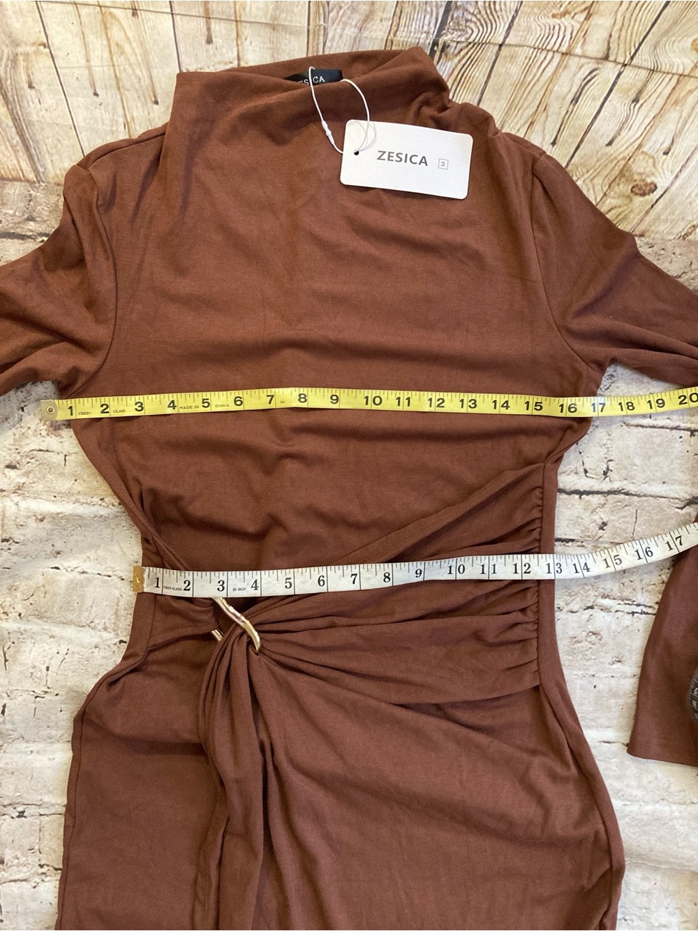 NWT ZESICA brown, long sleeve mock neck, detailed mid dress size M. - Picture 11 of 12